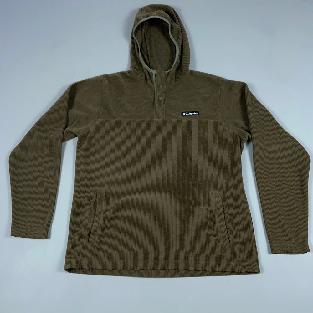 Columbia Mens Ribbed Fleece Hoodie Brown Olive Snap Neck Pullover Large